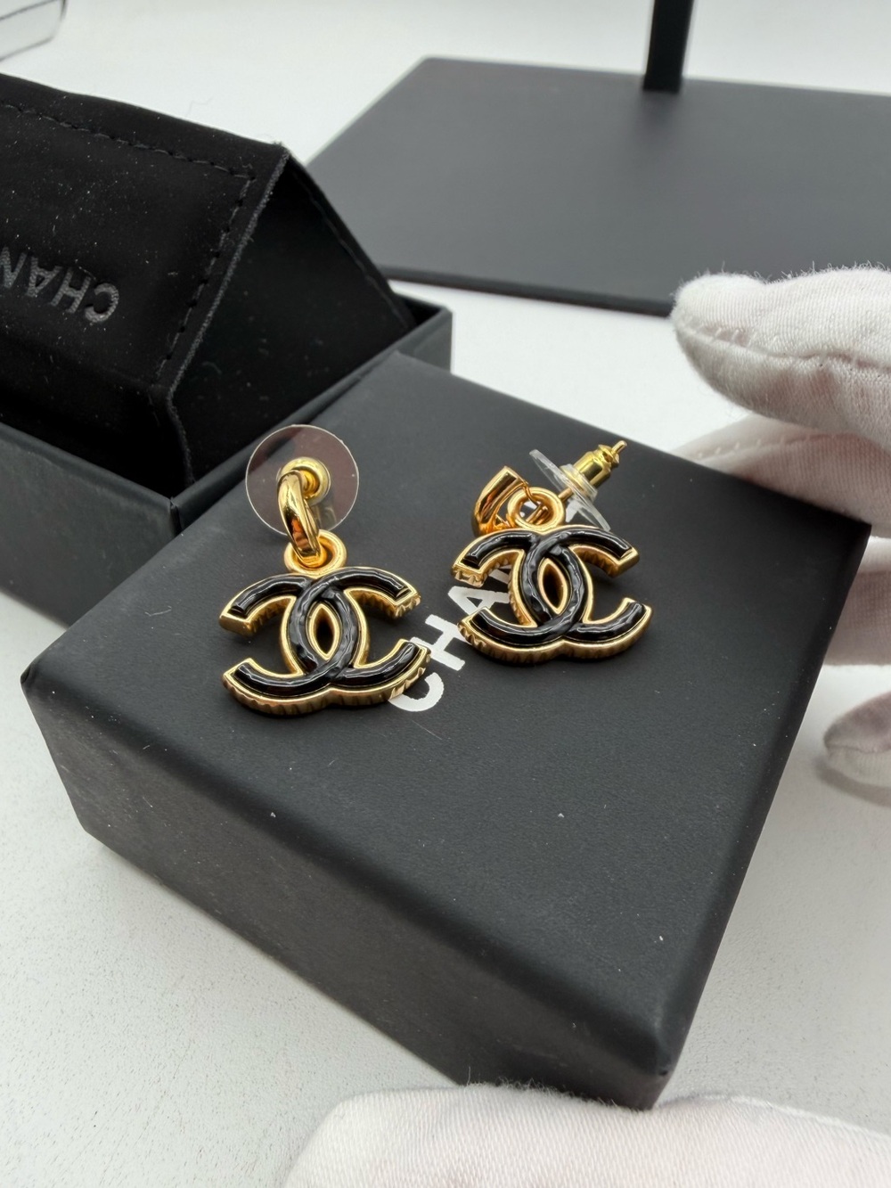 Chanel Gold and Black Enamel Earrings
